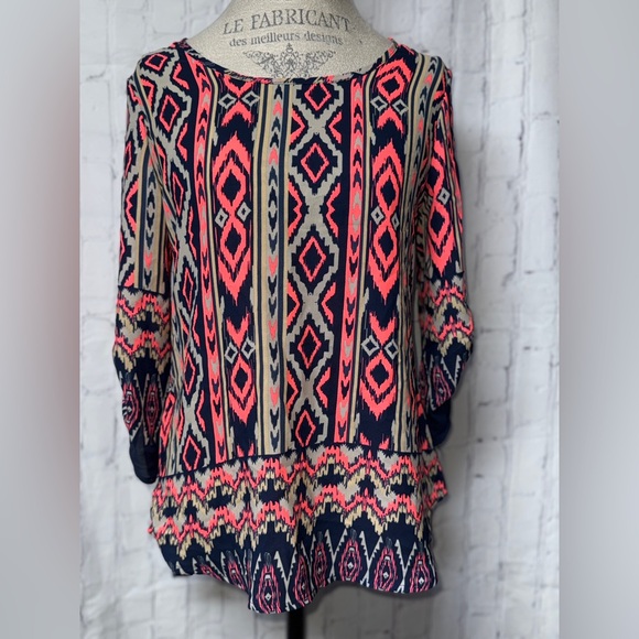 Wishful Park Tops - Wishful Park Geometric Blouse - Pink and Navy